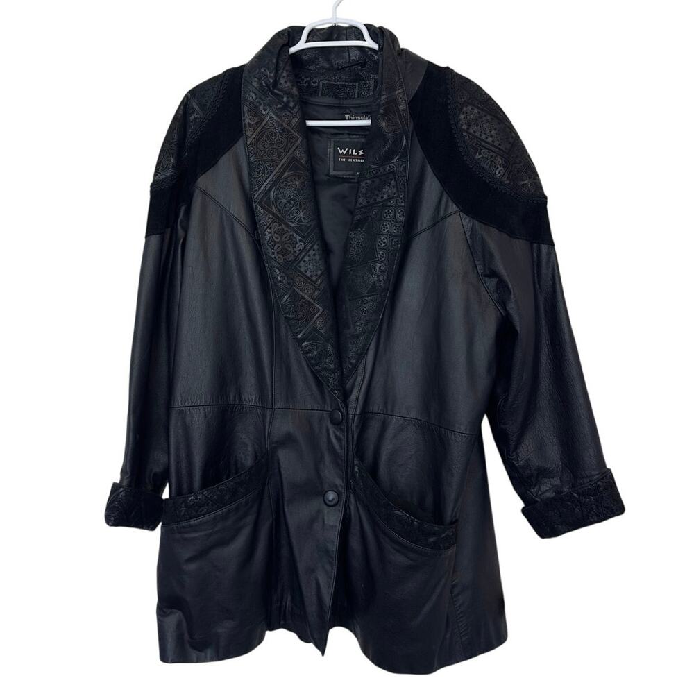 Wilson’s 100% Leather Jacket Coat Size L Thinsulate Lining Patterned Bikercore